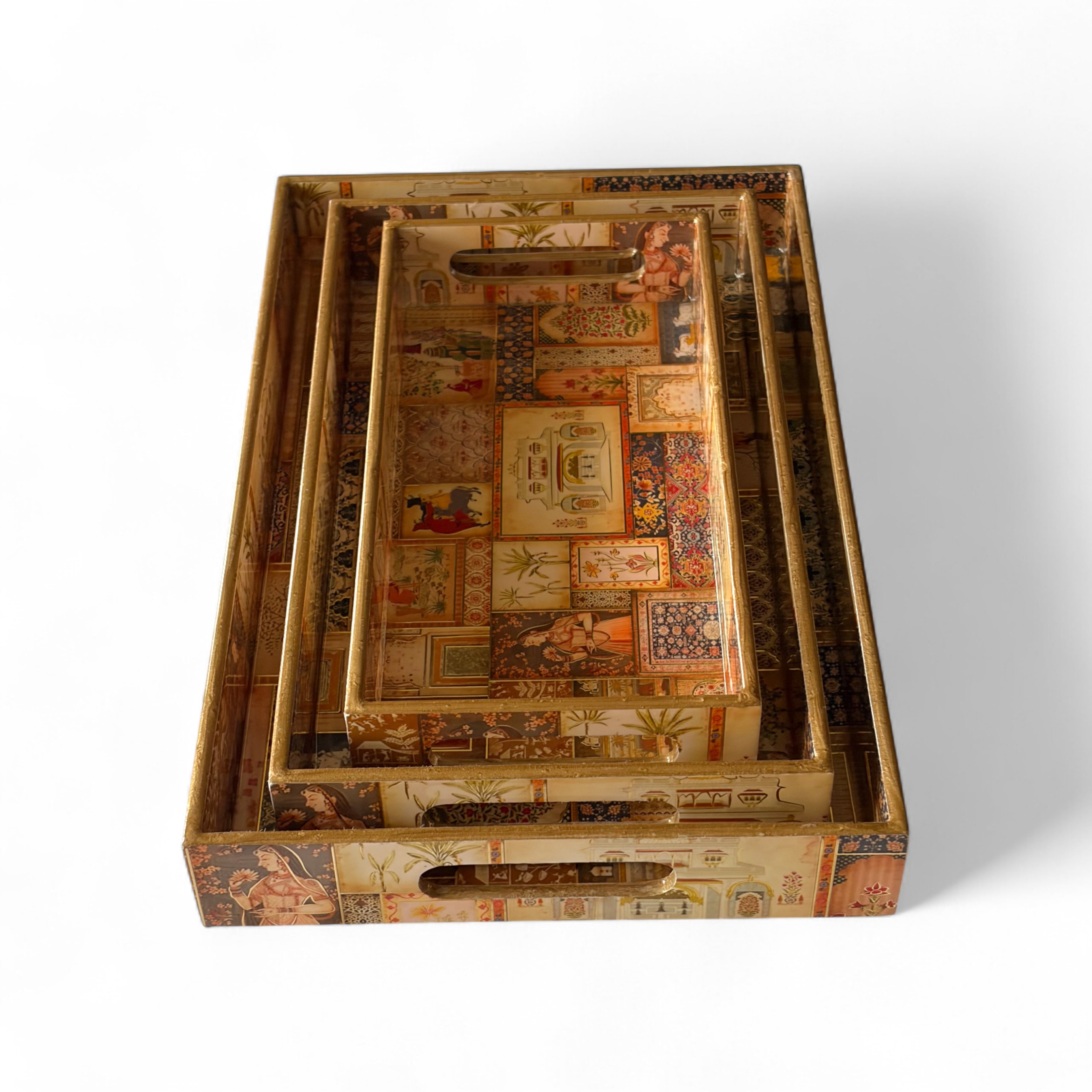 Royal Palace Tray Set, Royal Pattern, 40x25x5cm, Vintage Style, Premium Design, Snack and Tea Serving Tray, 3-Piece Collection