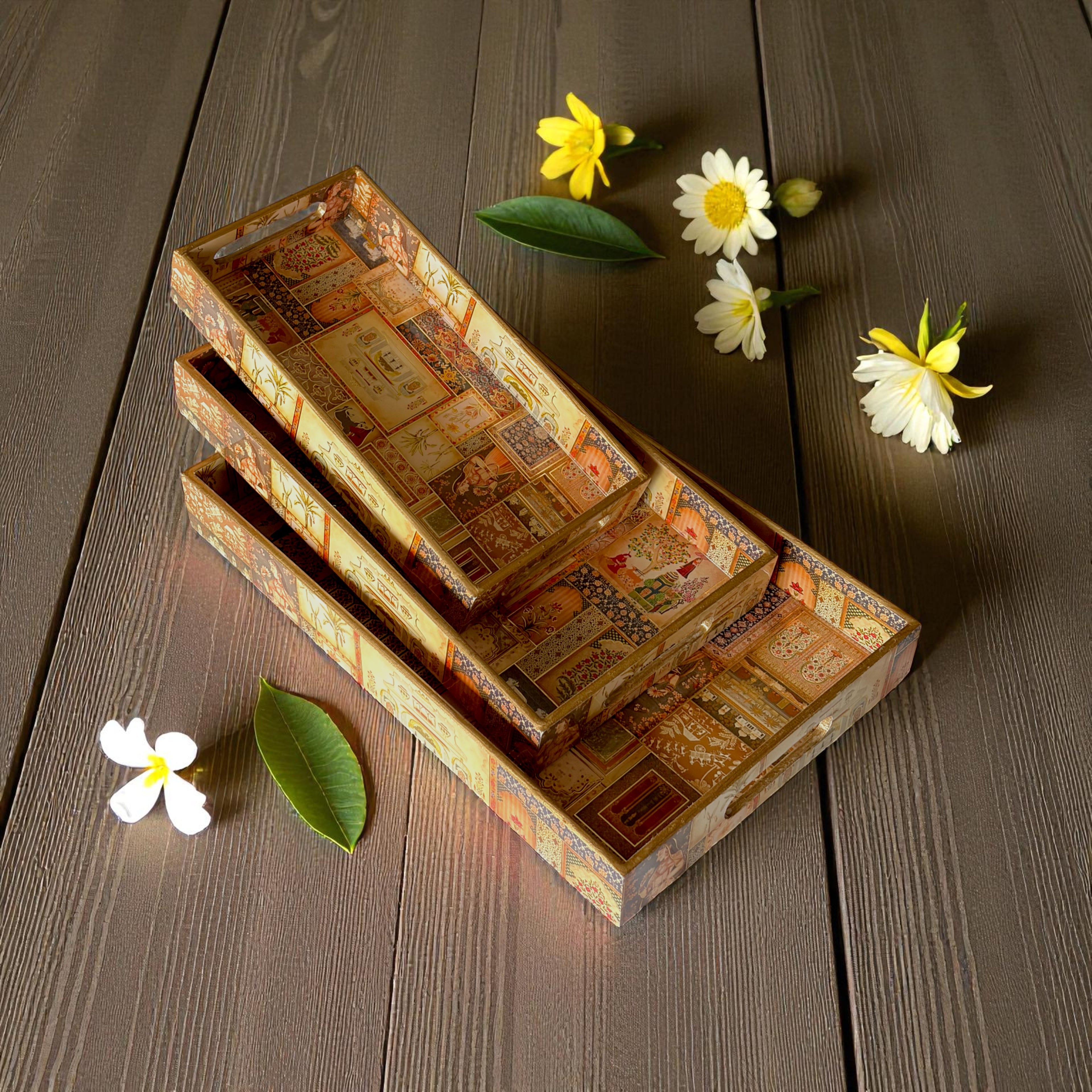 Royal Palace Tray Set, Royal Pattern, 40x25x5cm, Vintage Style, Premium Design, Snack and Tea Serving Tray, 3-Piece Collection