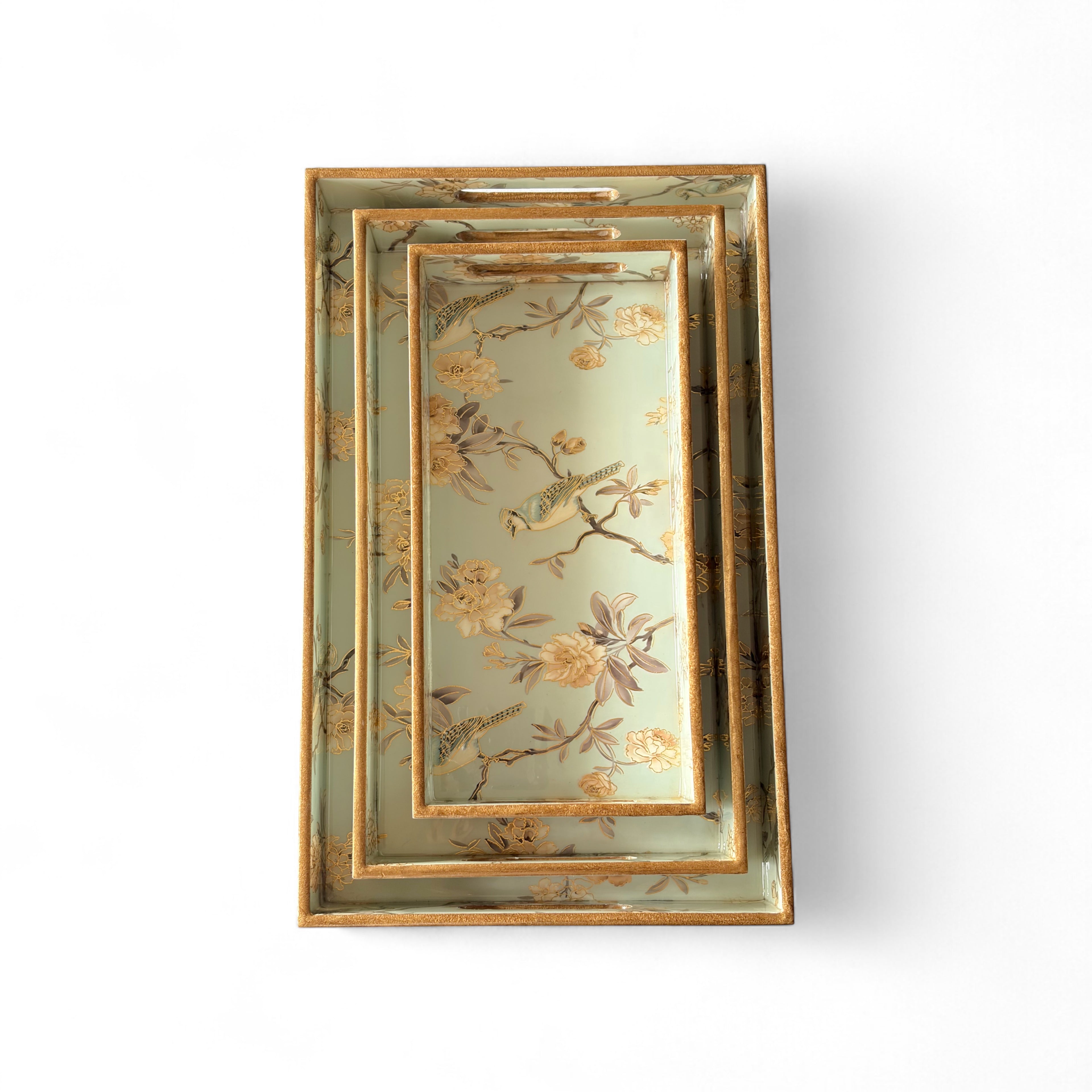 Blue Bird & Blossom Wooden Tray Set, Decorative Tea and Snacks Organizer, Creamy Green with Gold Trim, 40x25x5 cm, 3-Piece Collection