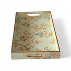 Blue Bird & Blossom Wooden Tray Set, Decorative Tea and Snacks Organizer, Creamy Green with Gold Trim, 40x25x5 cm, 3-Piece Collection