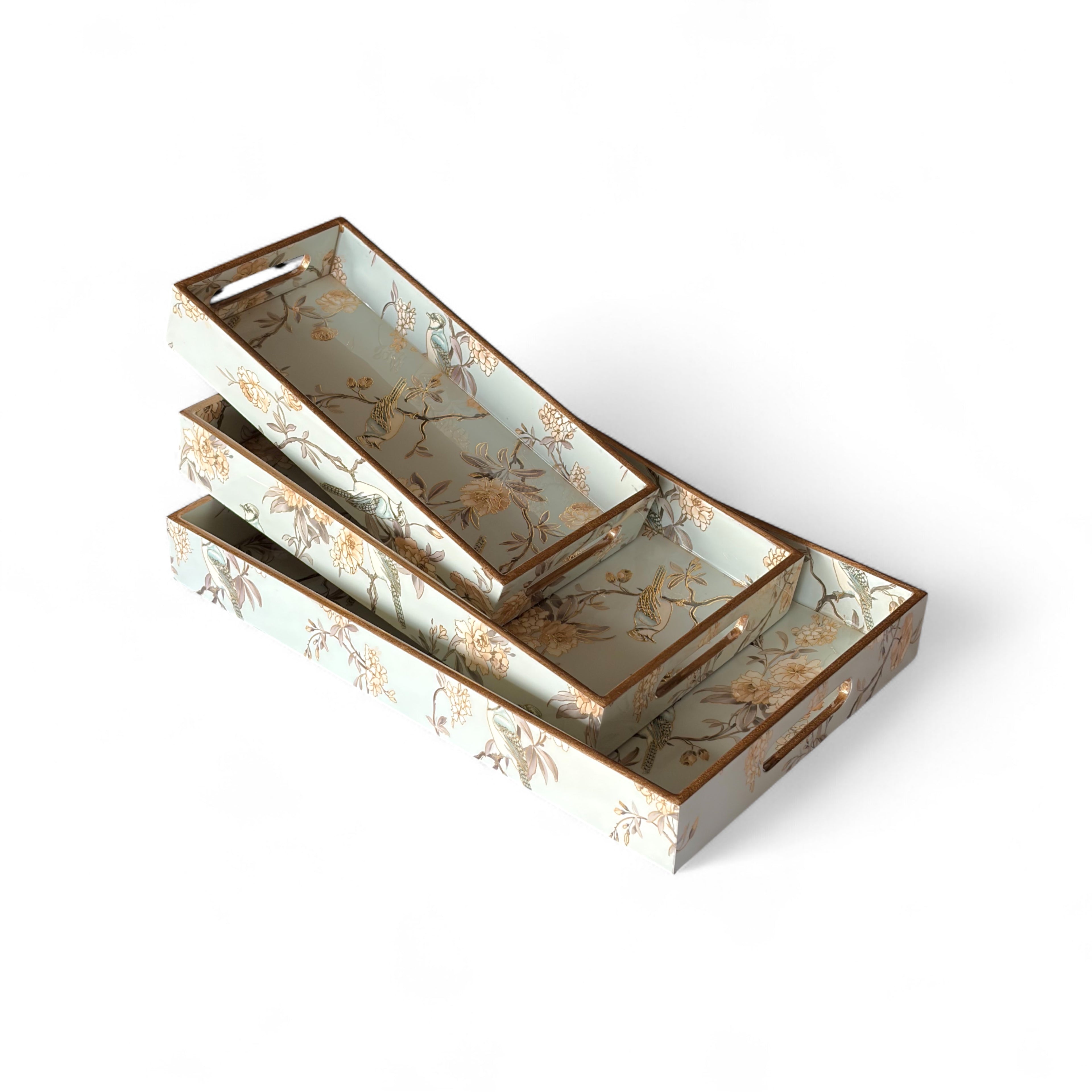 Blue Bird & Blossom Wooden Tray Set, Decorative Tea and Snacks Organizer, Creamy Green with Gold Trim, 40x25x5 cm, 3-Piece Collection