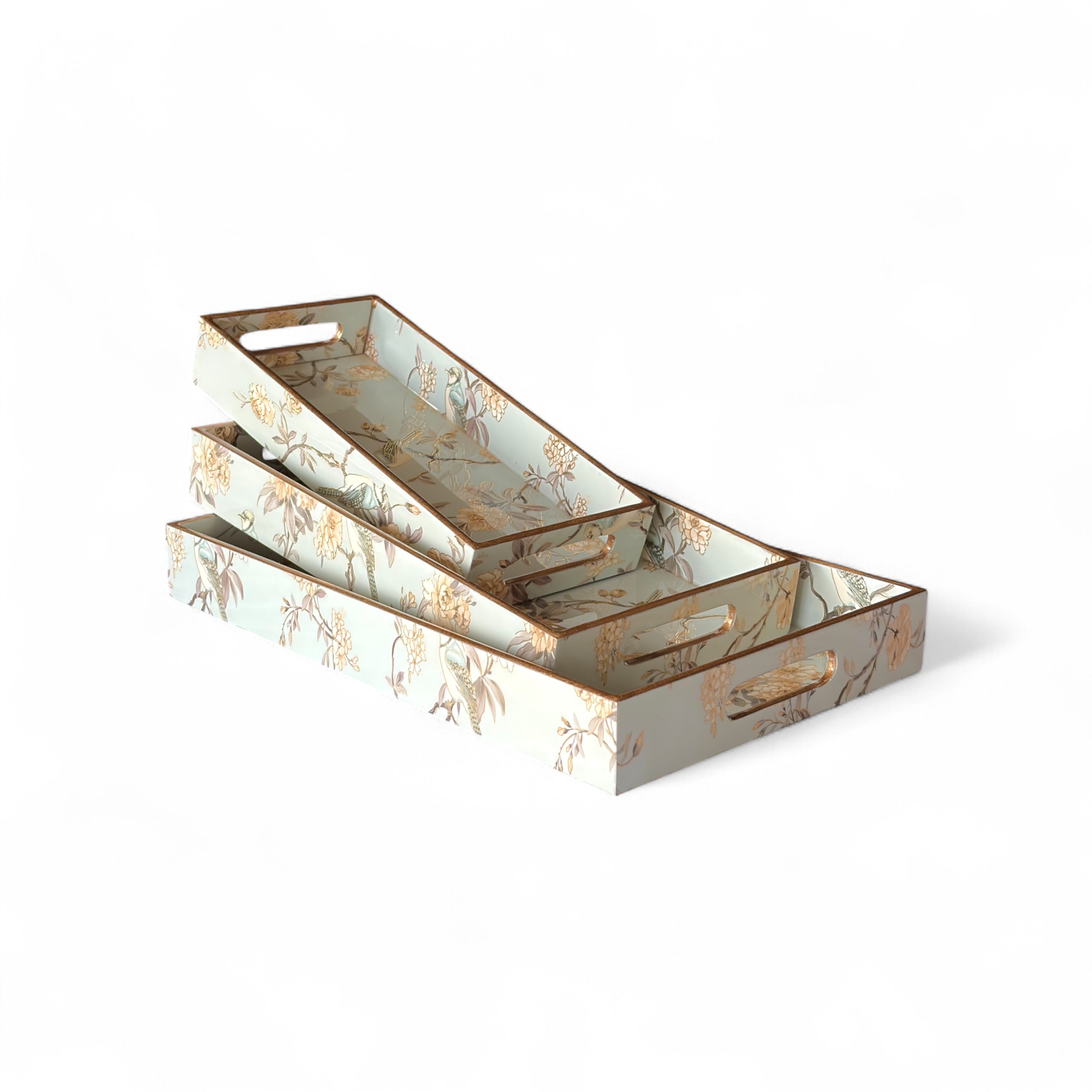 Blue Bird & Blossom Wooden Tray Set, Decorative Tea and Snacks Organizer, Creamy Green with Gold Trim, 40x25x5 cm, 3-Piece Collection