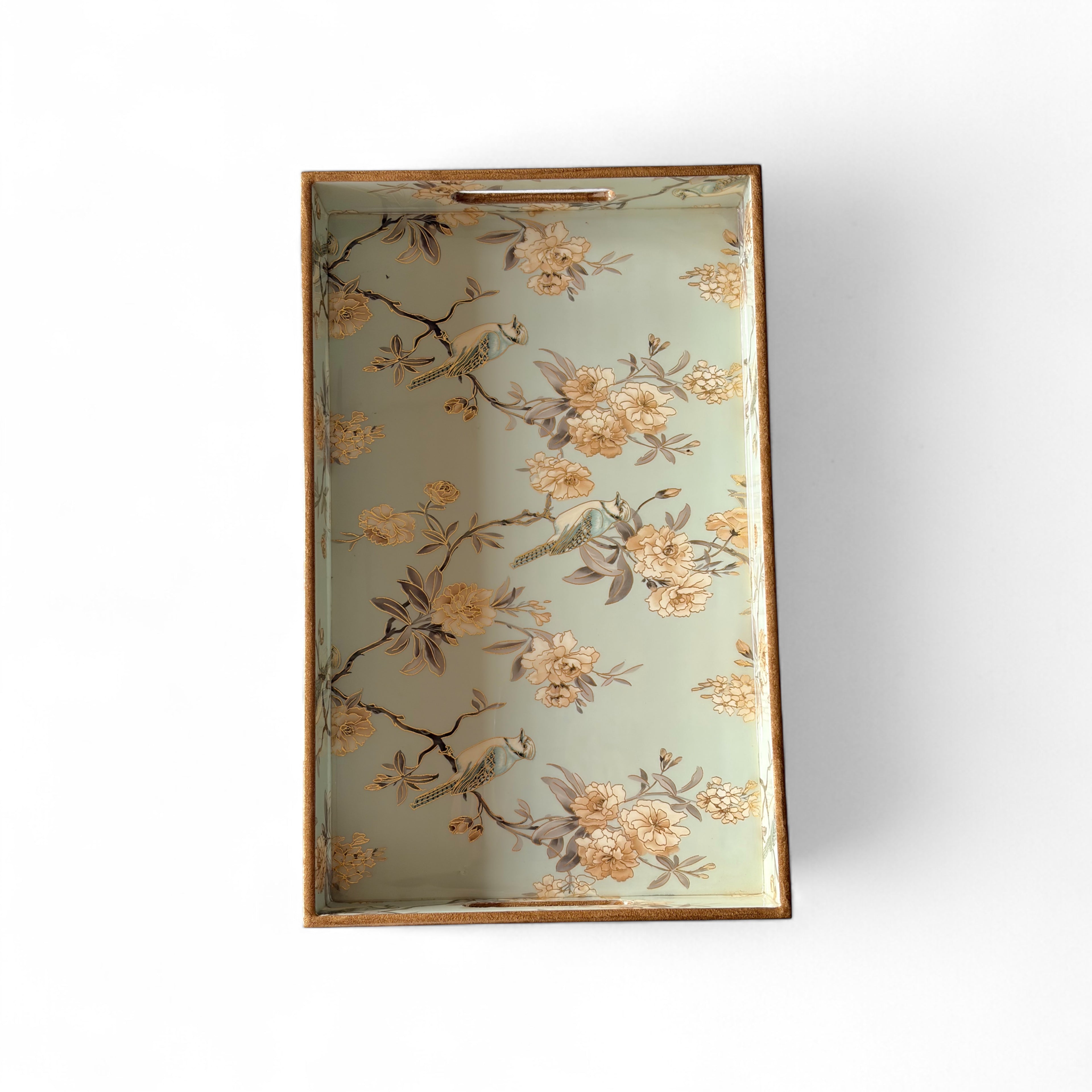 Blue Bird & Blossom Wooden Tray Set, Decorative Tea and Snacks Organizer, Creamy Green with Gold Trim, 40x25x5 cm, 3-Piece Collection