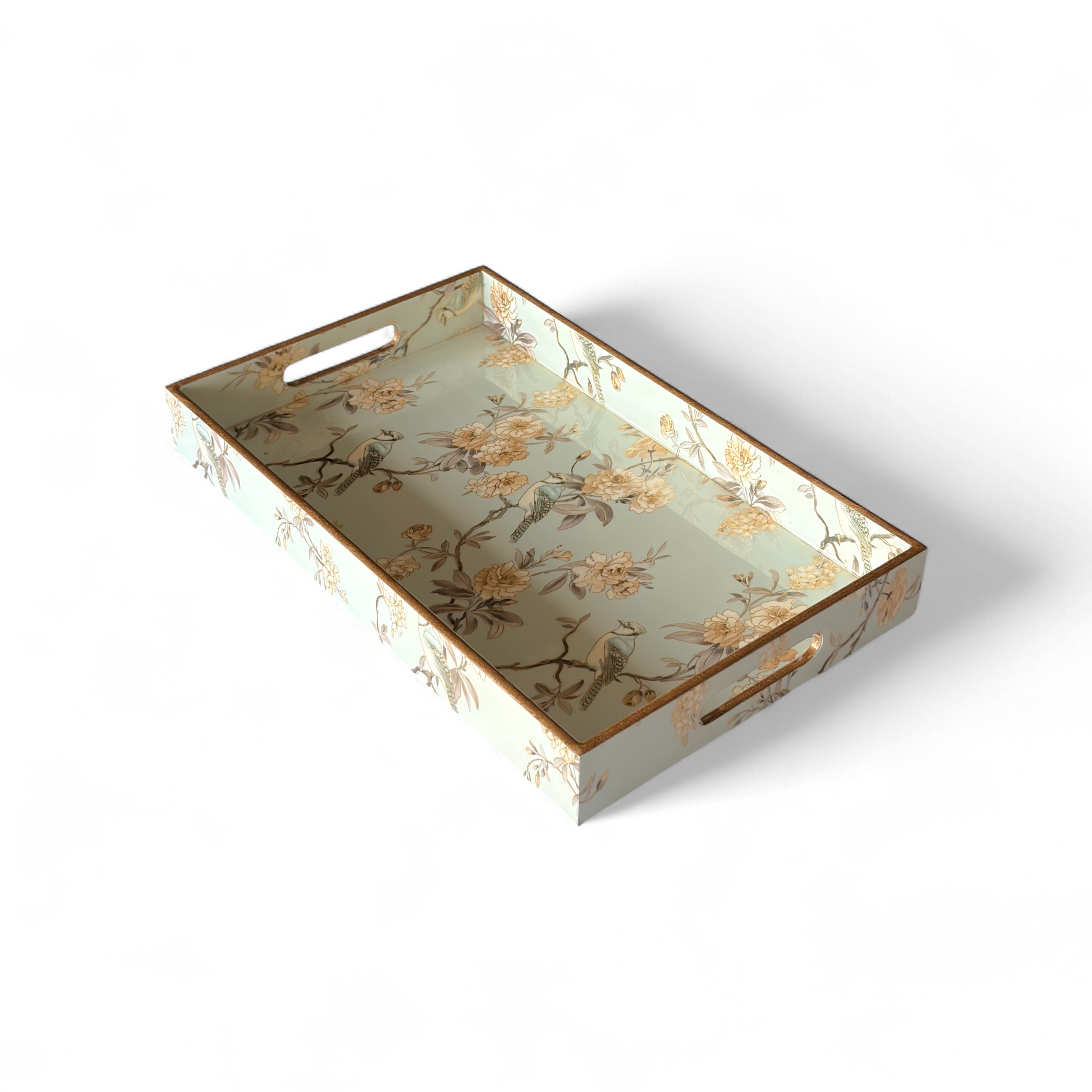 Blue Bird & Blossom Wooden Tray Set, Decorative Tea and Snacks Organizer, Creamy Green with Gold Trim, 40x25x5 cm, 3-Piece Collection