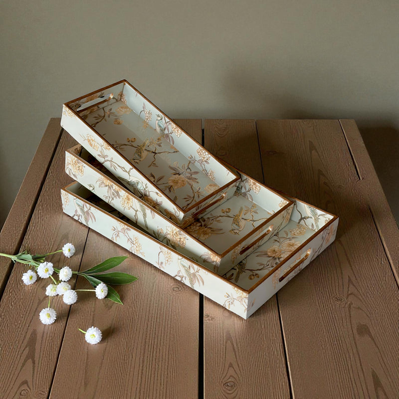 Blue Bird & Blossom Wooden Tray Set, Decorative Tea and Snacks Organizer, Creamy Green with Gold Trim, 40x25x5 cm, 3-Piece Collection