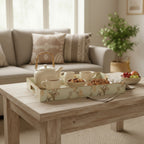 Blue Bird & Blossom Wooden Tray Set, Decorative Tea and Snacks Organizer, Creamy Green with Gold Trim, 40x25x5 cm, 3-Piece Collection