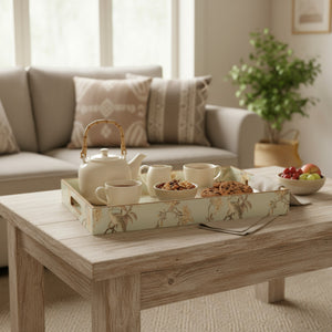 Blue Bird & Blossom Wooden Tray Set, Decorative Tea and Snacks Organizer, Creamy Green with Gold Trim, 40x25x5 cm, 3-Piece Collection